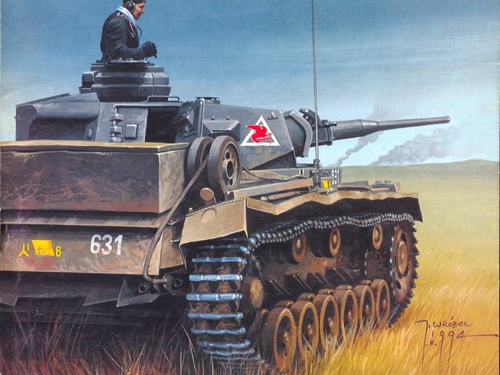 Painting of a German tank with a crew member