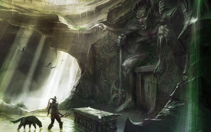 The Elder Scrolls V: Skyrim cave with statue and warrior