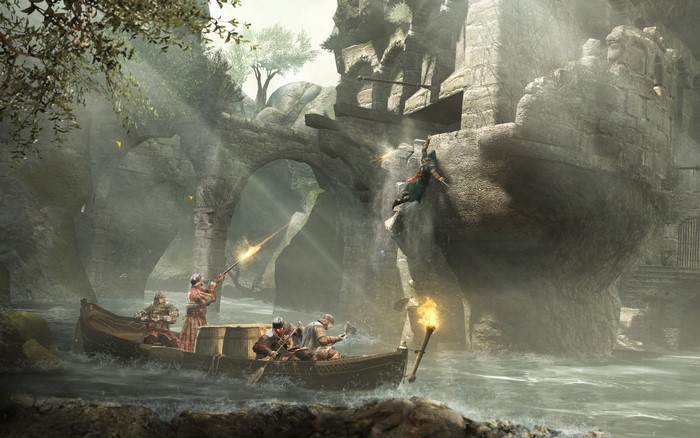 Assassin's Creed 2: Assassins in a boat during a battle