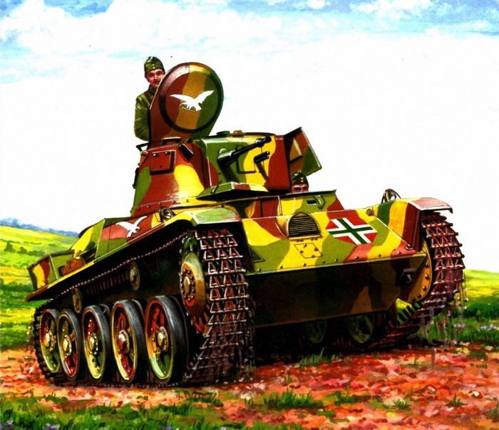 Painting of a camouflaged tank with a soldier