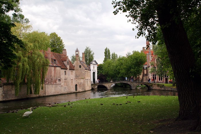 Canal and historic buildings in Bruges, Belgium