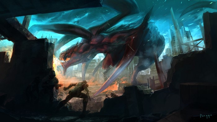 Giant monster attacking a ruined city with soldiers
