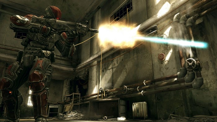 Soldier firing a weapon in a derelict industrial setting