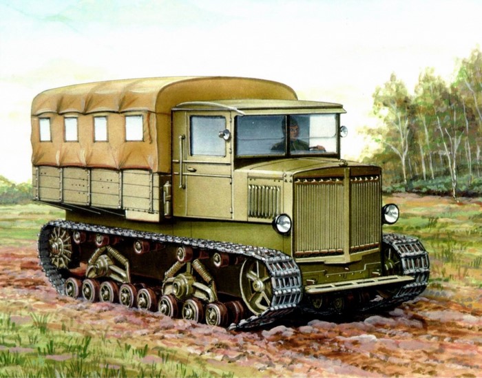 Painting of a vintage tracked vehicle with a canvas top