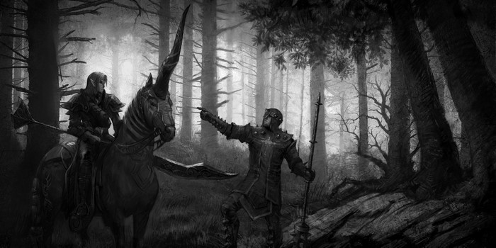 Elf riding a unicorn in a forest with a warrior