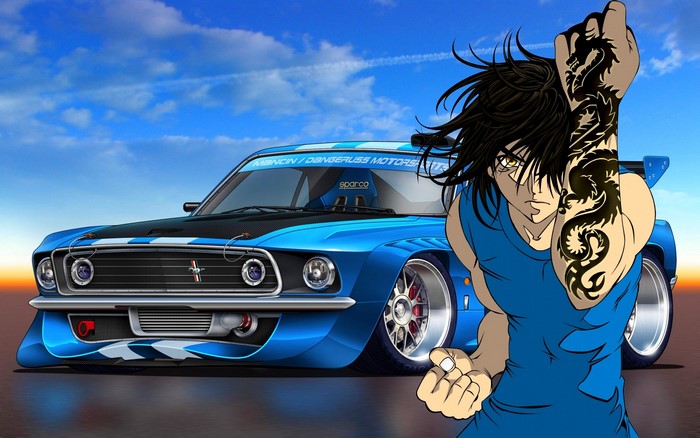 Anime man with dragon tattoo and blue Ford Mustang