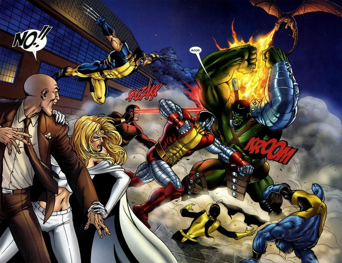 Wolverine, Cyclops, Colossus, Beast, Professor X, Emma Frost, and Hulk fighting