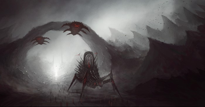 Monsters in a dark, cavernous landscape