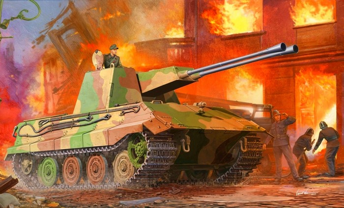 German tank with dual cannons in burning city