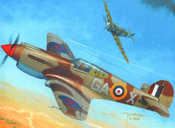 WWII Dogfight Painting of P-40 Warhawk and Messerschmitt Bf 109