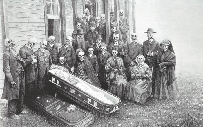 Skeleton family gathered for a funeral