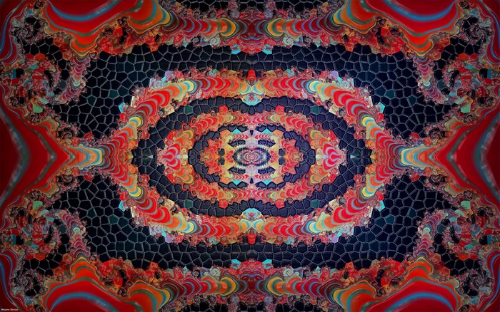 Fractal art with red, orange, and blue colors