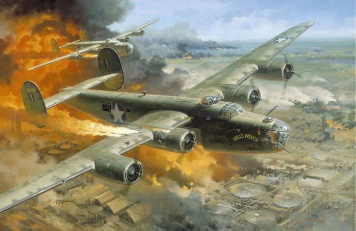 B-24 Liberator Bombers Over Burning Industrial Area