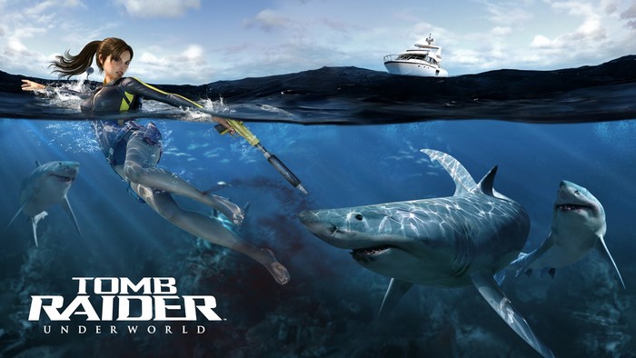Lara Croft from Tomb Raider Underworld swimming with sharks