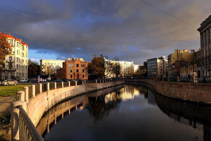 Canal in St. Petersburg with Buildings and Reflections