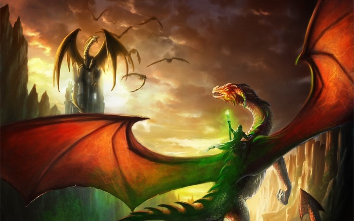 Two dragons and a wizard in a fantasy landscape