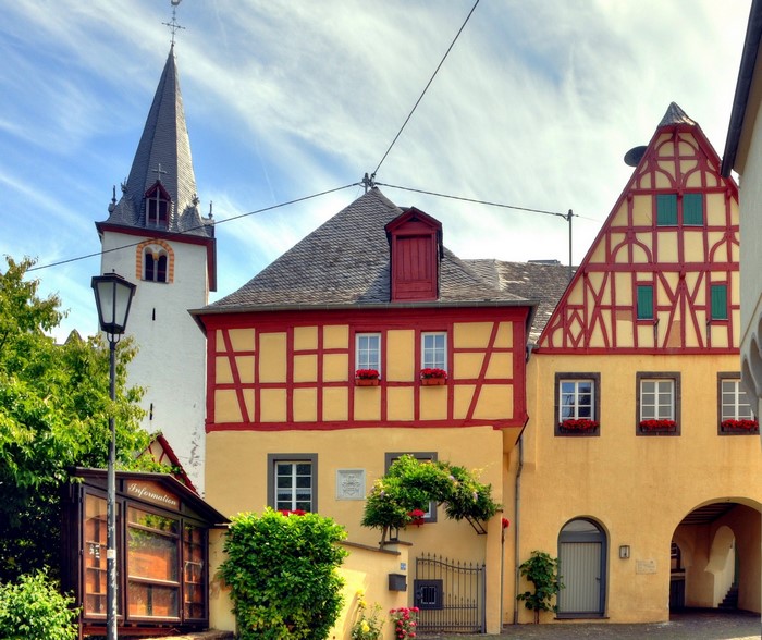 Half-timbered houses and church tower in Germany