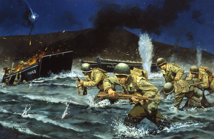 Soldiers landing on a beach at night