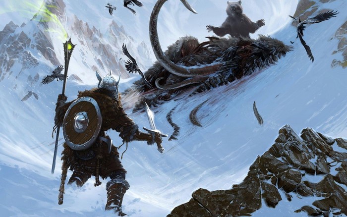 Viking fighting a bear and mammoth in Skyrim