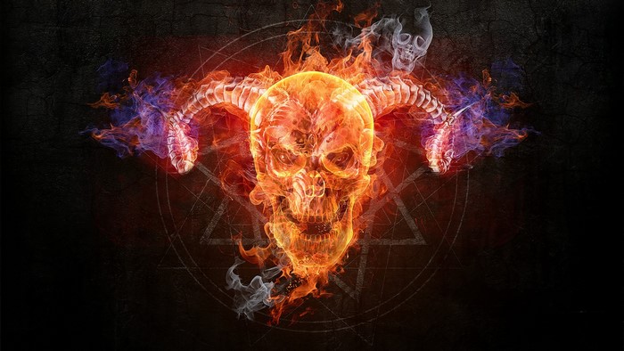 Fiery Skull with Horns and Pentagram