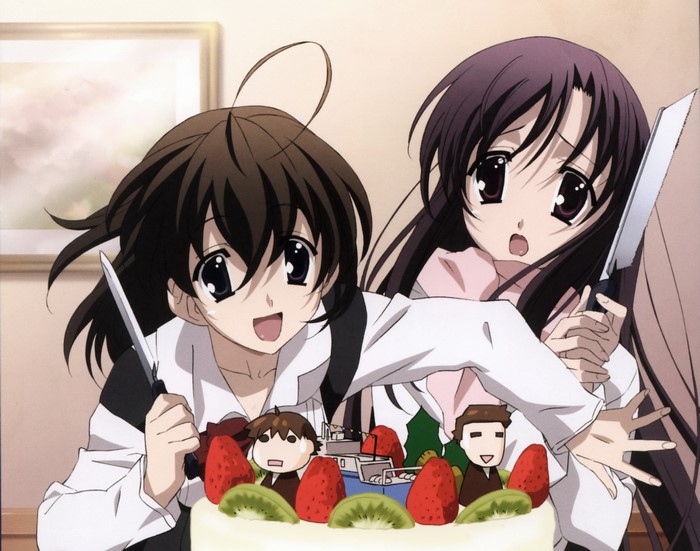 Two girls with knives cutting a cake
