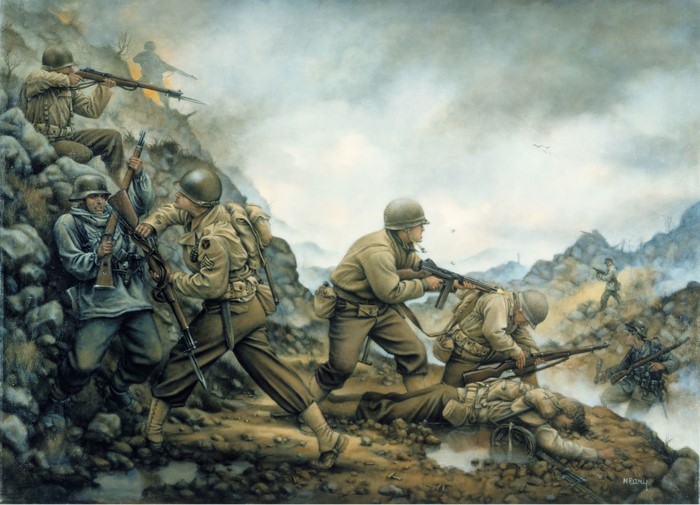 Soldiers in combat on a rocky hillside