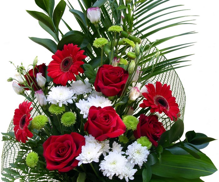 Red and white flower bouquet with greenery