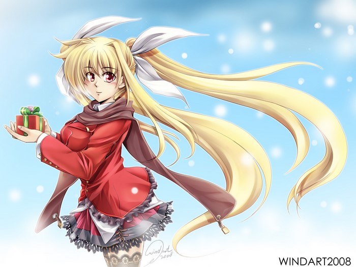 Fate Testarossa from Mahou Shoujo Lyrical Nanoha holding a gift