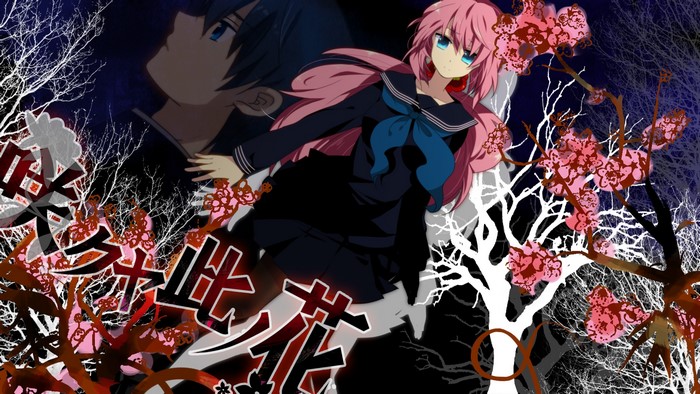 Girl with pink hair and boy in dark background with flowers