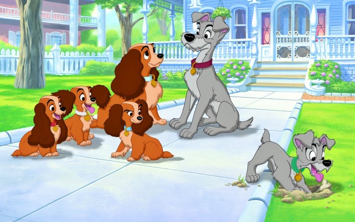 Lady and the Tramp dogs in front of a house