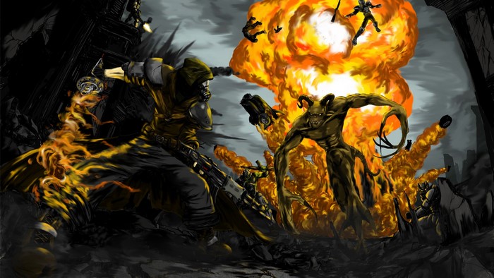 Scorpion and demon in explosion from Fallout