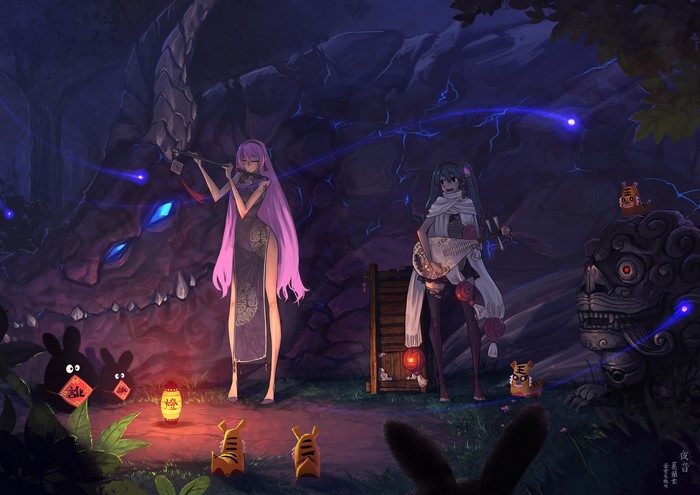 Vocaloid characters playing music in a mystical cave