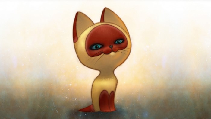 A painted cartoon cat with red face and blue eyes