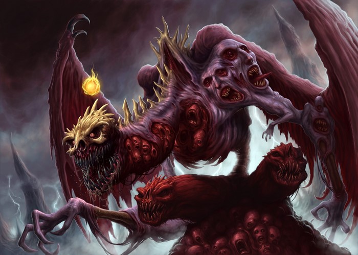 A grotesque, multi-headed monster with wings and exposed flesh