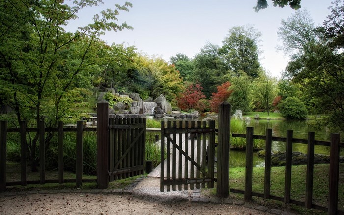 Japanese Garden with Waterfall and Open Gate in Hasselt, Belgium