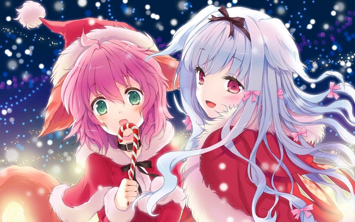 Two anime girls in Santa outfits with candy canes