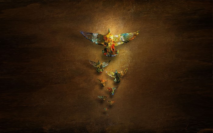 Birds flying in formation on a textured background