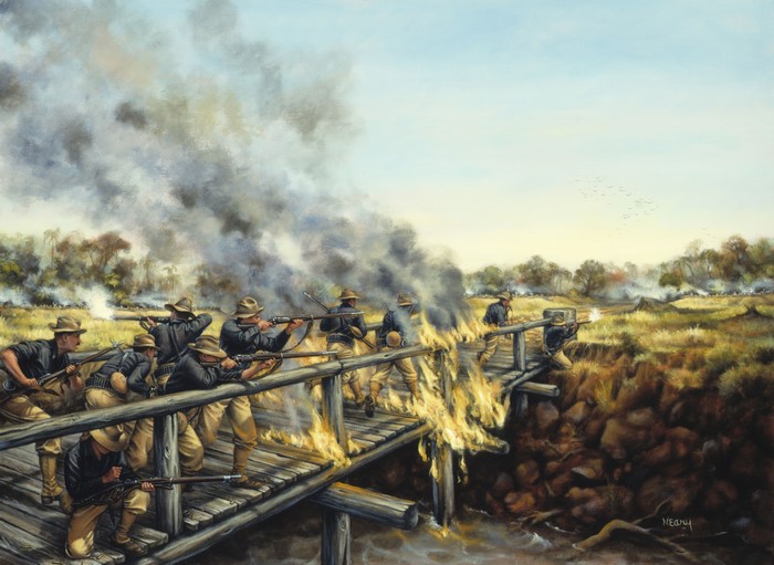 Soldiers fighting on a burning bridge