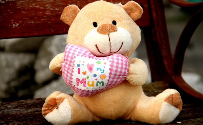 Teddy bear holding a heart pillow with "I love my Mum" text