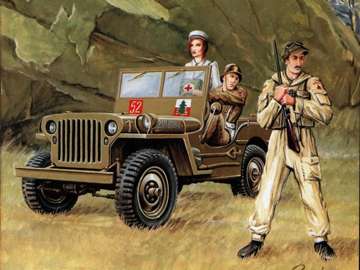 Painting of a military jeep with soldiers and a nurse