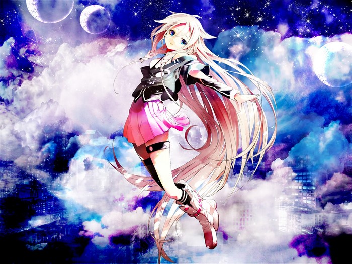Hatsune Miku from Vocaloid in a starry sky