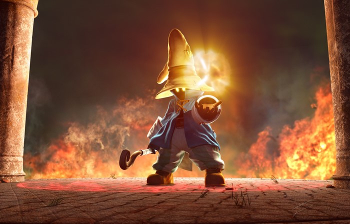 Vivi casting a spell with fire in the background