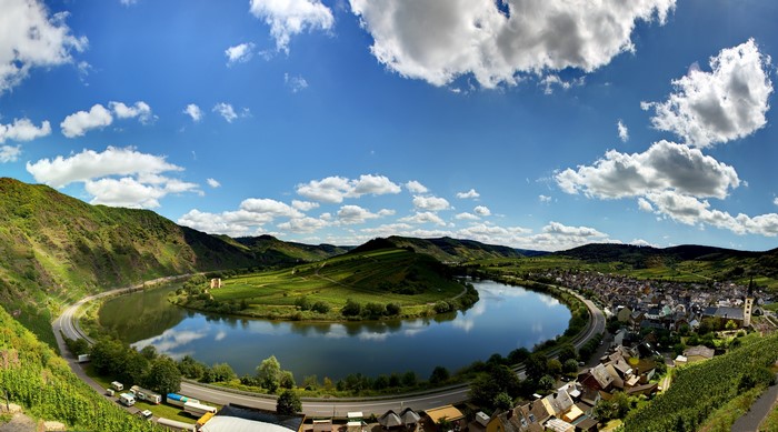 River bend with vineyards and village in Germany