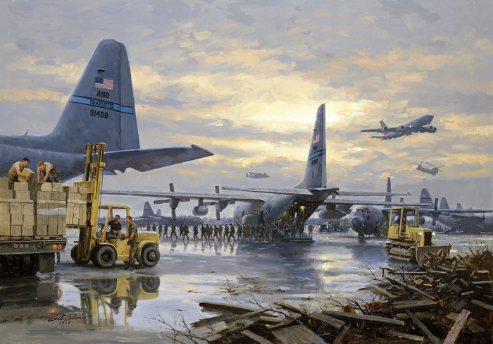 Air Force Cargo Planes Being Loaded at Dusk