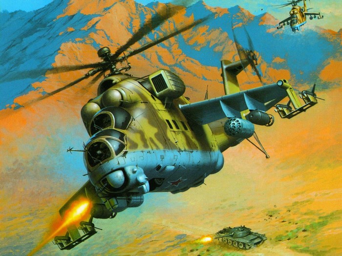 Attack helicopters in combat over a desert landscape