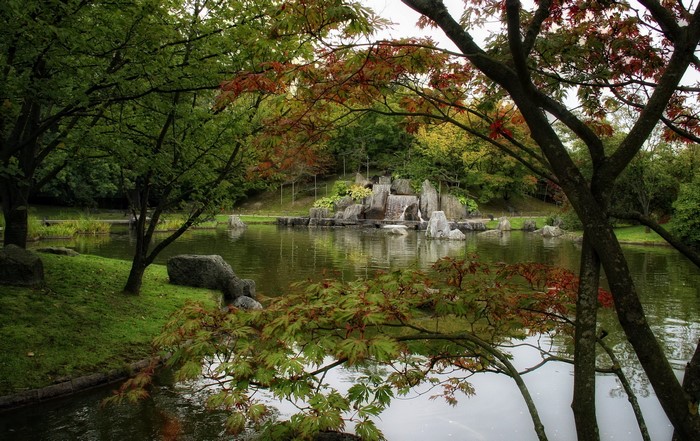 Japanese garden with waterfall and pond in Hasselt, Belgium