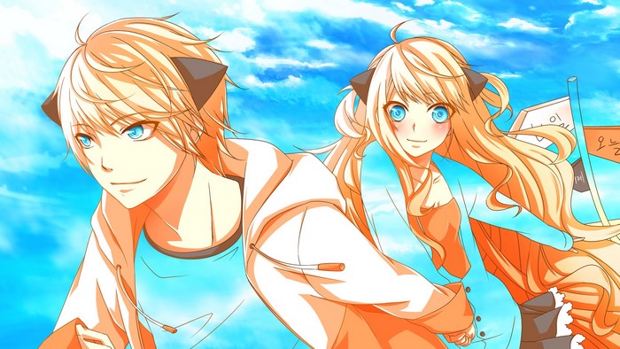 Anime couple with cat ears under blue sky