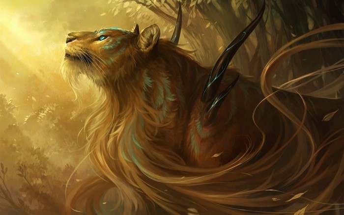 Magical lion with horns in a sunlit forest