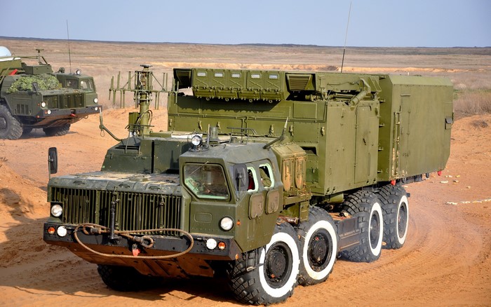 Russian missile launcher truck in a desert landscape