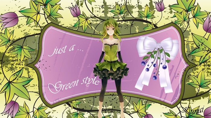 Anime girl in green dress with flowers and bow